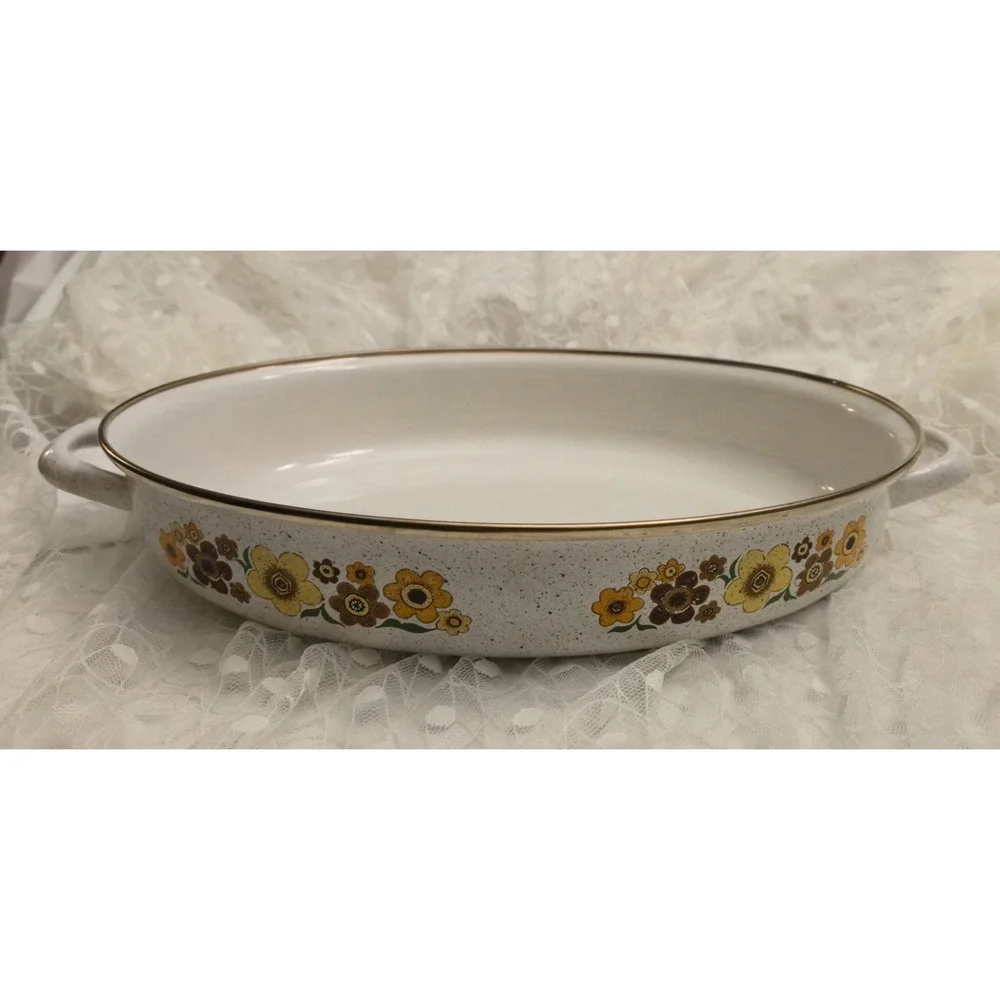 VTG 70's Harvest Blossom Porcelain Enamel Cookware Casserole Dish